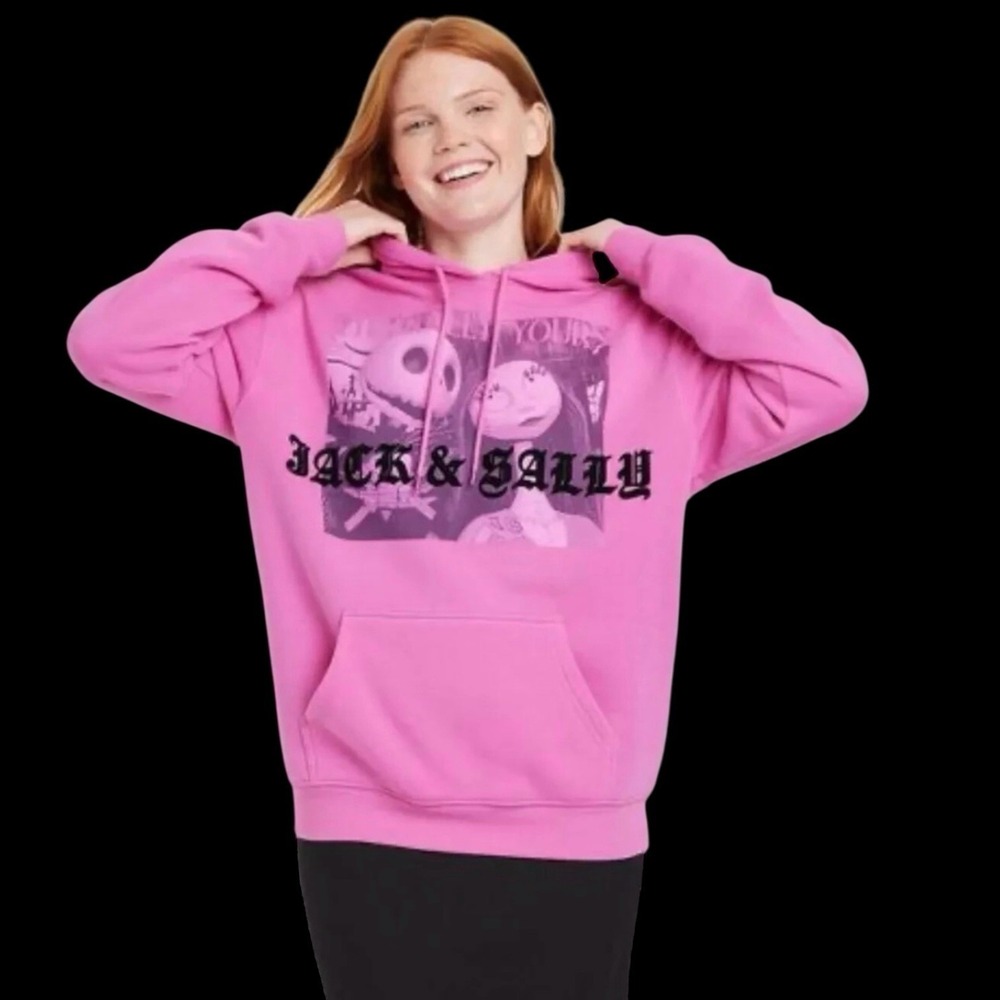 Disney The Nightmare Before Christmas Jack and Sally Pink Pullover Hoodie XL #3